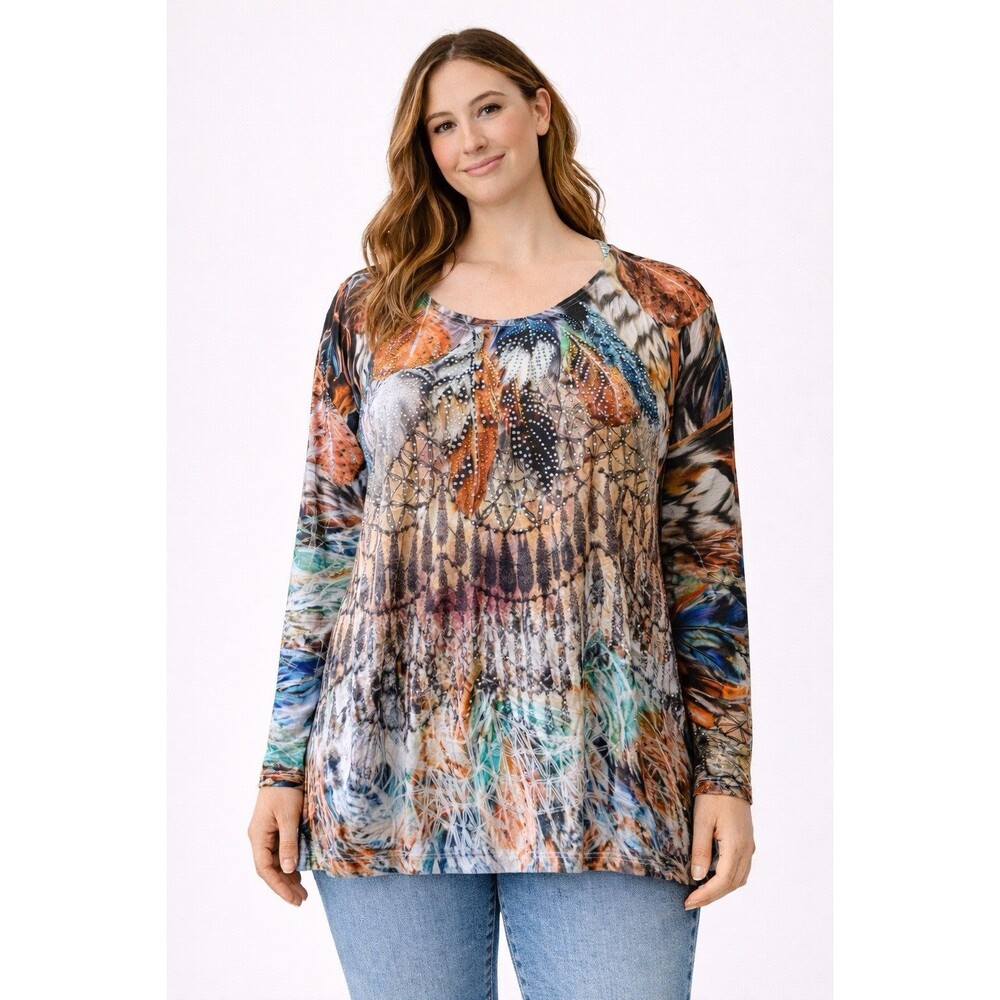 Cactus Women's L Feather Print Tunic Top Long Sleeve Rhinestone‎ Boho Blouse